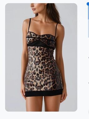 Innovare Denim Dikla Spaghetti Sequin Leopard Mini Dress